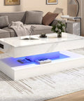 47.2 Inch Lift Top Coffee Table With LED Lights And Charging Station in modern living room setting, white gloss finish