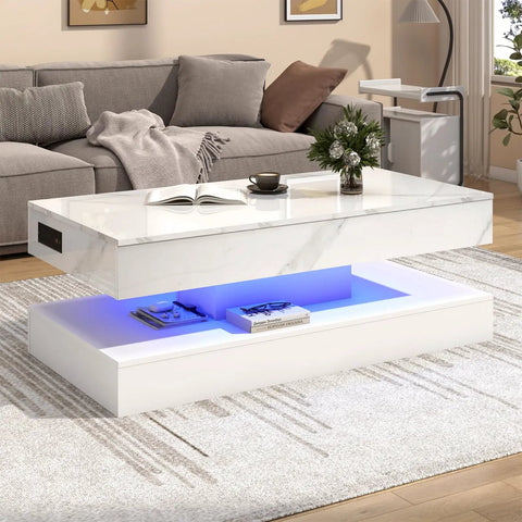 47.2 Inch Lift Top Coffee Table With LED Lights And Charging Station in modern living room setting, white gloss finish