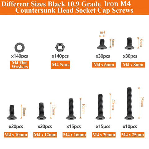 420 Piece M4 Countersunk Hex Socket Screws Set With 6 8 10 12 16 20 25mm Black Iron Hex Bolts Socket Head Furniture Screws