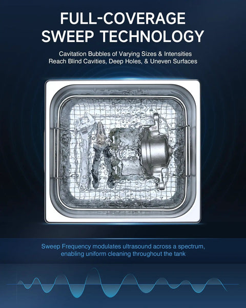 Heavy Duty Ultrasonic Cleaner With Sweep Function And 33khz Frequency, showing cavitation bubbles in water.