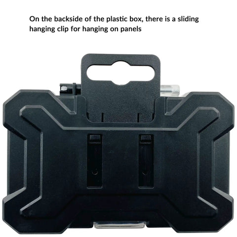 Backside of 5-Piece M35 Cobalt HSS Left Hand Drill Bit Set storage case with sliding hanging clip visible