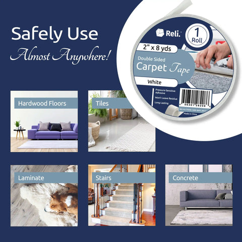 Heavy Duty Double Sided Carpet Tape 2 Inch Wide 8 Yard Roll For Rugs On Hardwood Laminate Concrete Indoor Outdoor No Slip Grip Sticker White Easy Tear No Residue For Quick Clean Up displayed on product packaging and use examples on various surfaces like hardwood and tile floors.