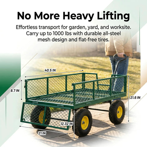 Heavy Duty 1000 Lb Capacity Mesh Steel Garden Cart With 10 In Flat Free Wheels, Folding Utility Wagon With Removable Sides