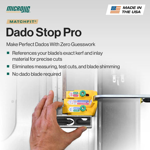 GRR-RIPPER MF-1004 Match Fit Dado Stop Pro Kit used on table saw, hand adjusting setup gauge for precise dados.