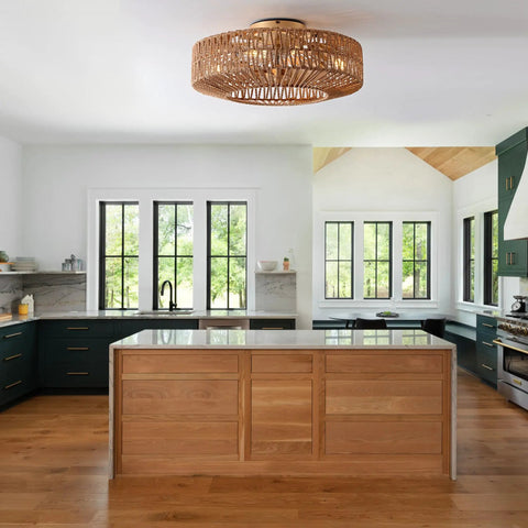 Boho Caged Fandelier With Lights Flush Mount Ceiling Fan With Remote Control Rattan Enclosed Ceiling Fan With Six Speeds