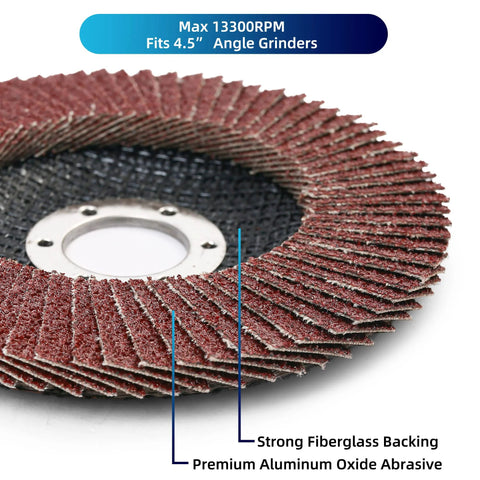 LotFancy 4.5-inch Type 27 flap disc for angle grinders; aluminum oxide abrasive with fiberglass backing, close-up view