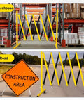 Rock Solid Rolling Security Gate 17ft Expandable Metal Barricade Heavy Duty Outdoor Fence in warehouse and road settings.
