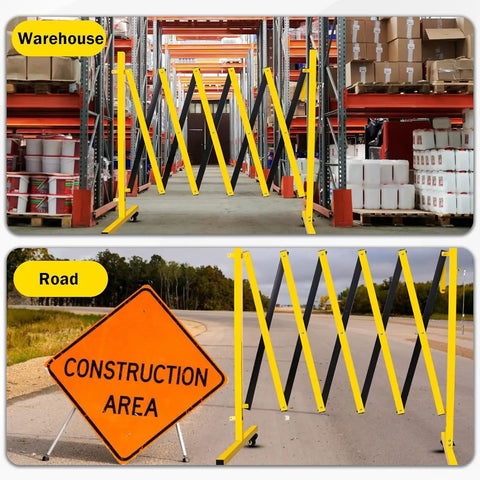 Rock Solid Rolling Security Gate 17ft Expandable Metal Barricade Heavy Duty Outdoor Fence in warehouse and road settings.