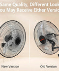 New and old versions of the 18 Inch Oscillating Wall Mount Fan with 3 Speed High Velocity Breeze, Beast Mode Power, 90 Degree Oscillation