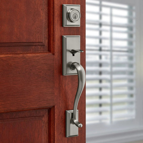 Hawthorne Exterior Front Door Lock Handle And Deadbolt Set Satin Nickel With Pick Resistant SmartKey Rekey Security on wood door.