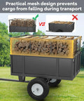 Heavy Duty 750 Lbs Utility Dump Cart For Lawn Tractors And ATVs, showcasing mesh sides with wood cargo on a field