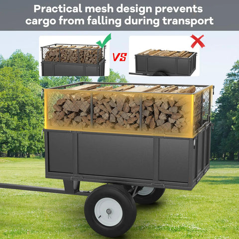 Heavy Duty 750 Lb Capacity Steel Dump Cart Trailer For ATV And UTV with log load and mesh sides in green field