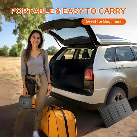 Woman holding Go To All In One Portable Power Station With 100W Solar Generator, car trunk open with foldable 40W panel and bag