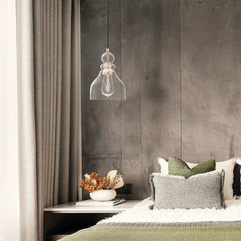 Dope Industrial Farmhouse Glass Pendant Lights 6.5 Inch Hand Blown Seeded Glass Washed Copper Finish 2 Pack Ceiling Light over a bed