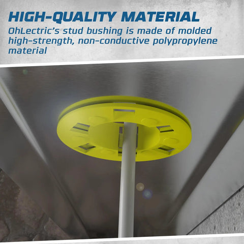 250 Count Polypropylene Wire Pull Bushings For Metal Studs Bulk Pack, showcasing a yellow bushing around electrical wire.