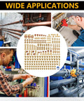 Brass air fittings kit, 220 pcs, push-to-connect, assorted sizes (1/4–1/2 in NPT); workshop scenes