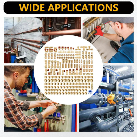 Brass air fittings kit, 220 pcs, push-to-connect, assorted sizes (1/4–1/2 in NPT); workshop scenes