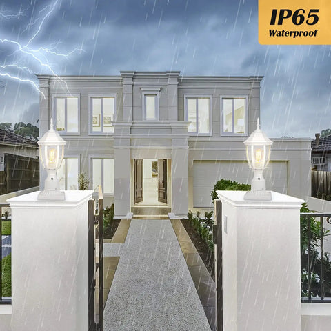 Dusk To Dawn Outdoor Post Light With Pier Mount Base illuminating a rainy walkway, waterproof aluminum lantern head visible