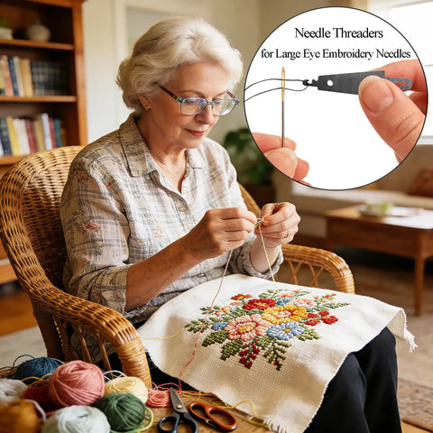 Woman using 36 Pieces Stainless Steel Needle Threaders in Clear Box for No Fuss Hand Sewing And Embroidery Cross Stitch