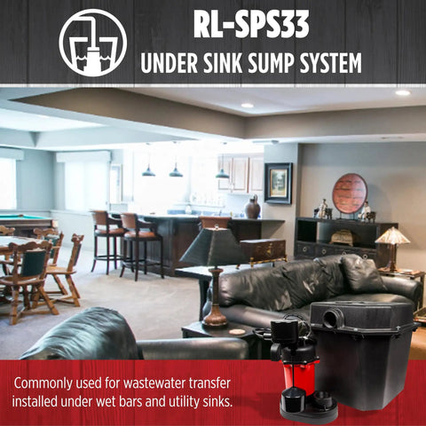 One Third HP 115 Volt Under Sink Sump Pump System with Six Gallon Basin displayed in a living room setting for home use.