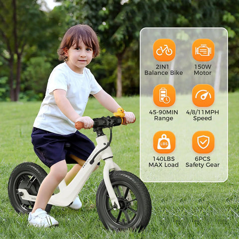 Electric Balance Bike for Kids Ages 3 to 5, 150W Motor, 3 Safe Speed Modes 4MPH 8MPH 11MPH, Easy Start System, Kid Friendly Ride On with Knee, Wrist and Elbow Pads, Perfect Toddler Starter Bike