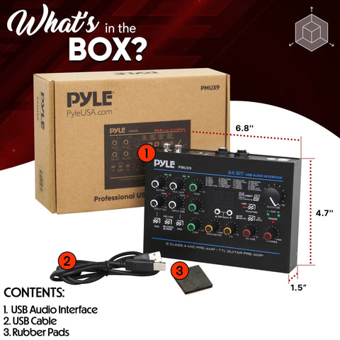 USB Audio Interface For PC And Mac With Mic And Line Inputs, Guitar, Aux Stereo And RCA IO, 24 Preset Digital Effects box contents