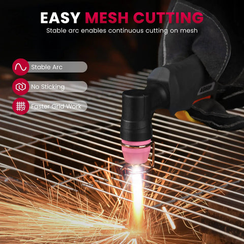 Dual Voltage 110 To 220V Pilot Arc Plasma Cutter Beast Mode slicing mesh with ease, sparks flying, stable arc, black handle nozzle