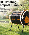 Dual Chamber 45 Gallon Compost Tumbler For Outdoor Use, No-Fuss Batch System in garden setting, shows 360-degree rotating feature.