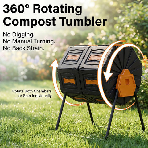Dual Chamber 45 Gallon Compost Tumbler For Outdoor Use, No-Fuss Batch System in garden setting, shows 360-degree rotating feature.