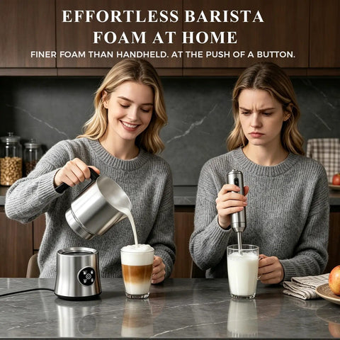 Two people using an Electric Milk Frother And Steamer With Detachable Stainless Steel Jug For Hot And Cold Foam at a kitchen counter