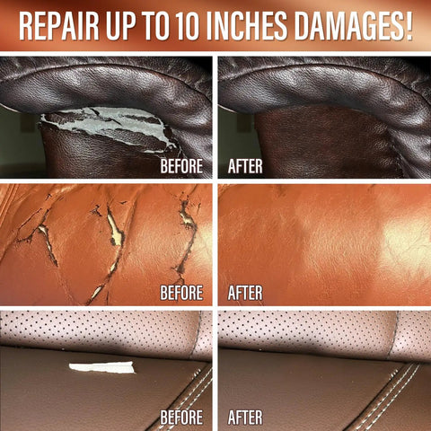 Before and after images of leather repair on furniture using the Leather Repair Kit For Furniture And Car Seats Easy To Use Restores Leather Pleather And Bonded Materials On Sofas Jackets Purses And More No Tech Skills Needed With Clear Step By Step Instructions For Quick Fixes.