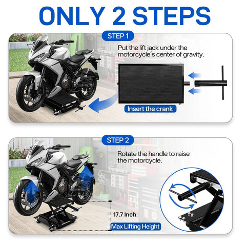 Illustration showing steps to use 1100 Lb Motorcycle Scissor Lift Jack With Dolly, Heavy Duty Center Stand With Wide Deck, Ratchet And Crank For Garage Maintenance, Ideal For ATVs And Dirt Bikes.