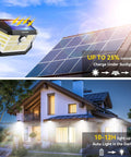 231 LED Solar Motion Lights Outdoor With 300 Degree Angle And 3 Lighting Modes PIR Motion Sensor IP65 Waterproof Wall Lights installed on house showing solar efficiency and nighttime illumination.