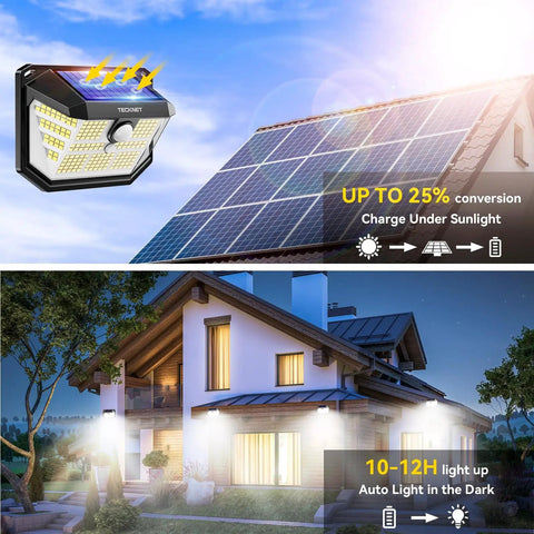 231 LED Solar Motion Lights Outdoor With 300 Degree Angle And 3 Lighting Modes PIR Motion Sensor IP65 Waterproof Wall Lights installed on house showing solar efficiency and nighttime illumination.