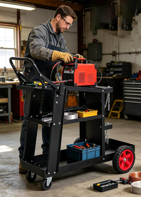 Man using Heavy Duty 3 Tier Welding Cart With 400 Lb Load Capacity Rolling Metal Utility Cart With Raised Handle And 360 Degree Swivel Wheels