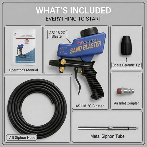 Portable Sand Blaster Gun Kit For Air Compressors With Gravity Feed And Siphon Modes Ideal For Rust Removal And Glass Etching Requires At Least 4 CFM At 90 PSI For Continuous Use Max 150 PSI Not For Pancake 6 Gallon Or Smaller parts and accessories