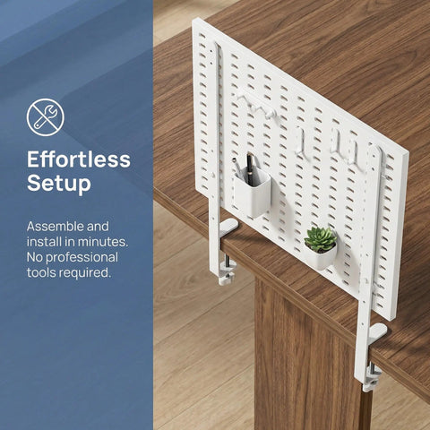 White Adjustable Iron Desk Stand Brackets Set for home organization on wooden desk with pegboard and pencil holder.