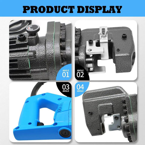 Electric Hydraulic Hole Punch Tool 1200W 110V Heavy Duty Beast Metal Punch shown from different angles, close-up of punching mechanism.