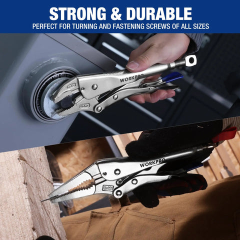 Locking Pliers Set With Curved Jaw And Long Nose, CRMO Steel Construction, Perforated Screw, used on metal and wood surfaces