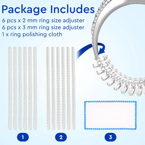 Image showing Ring Size Adjusters For Loose Rings 12 Pack Snug Up Your Fit Guards Spacers Tighteners Fits Bands Up To 6mm with polishing cloth.