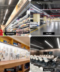 Interior scenes showing Black 8ft LED Shop Light, 100W 12500lm, 5000K Daylight in supermarket, car park, workbench, and meeting room.