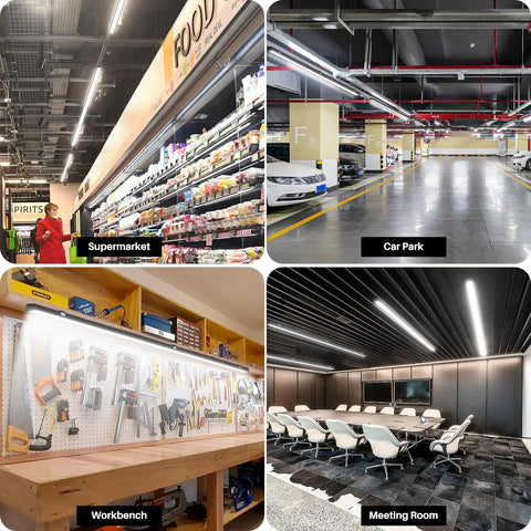 Interior scenes showing Black 8ft LED Shop Light, 100W 12500lm, 5000K Daylight in supermarket, car park, workbench, and meeting room.