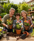 Family gardening with 3-In-1 Heavy Duty Garden Tools Kit including carbon steel trowel, transplanter, and cultivator