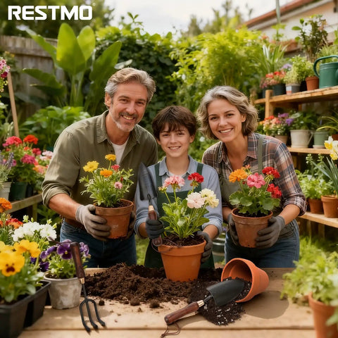 Family gardening with 3-In-1 Heavy Duty Garden Tools Kit including carbon steel trowel, transplanter, and cultivator