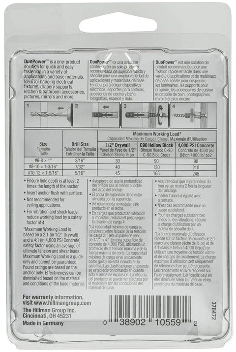 Universal Dual Action Nylon Wall Anchors For Drywall And Solid Surfaces Fits Four To Six Screw Sizes One Inch Long packaging with usage instructions.