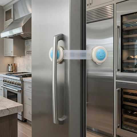 8 Pack Baby Proof Cabinet Locks No Drill Adhesive Mount Safety Locks for Kitchen Drawers Fridges with blue accents on steel door