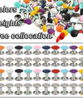 Colorful Leather Rivets Kit 380 Sets 8mm And 8x10mm 8x7mm Silver Double Cap Rivets with assorted colors arranged and displayed.