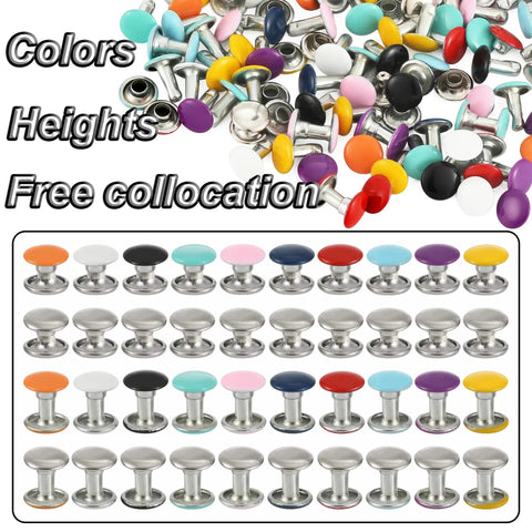 Colorful Leather Rivets Kit 380 Sets 8mm And 8x10mm 8x7mm Silver Double Cap Rivets with assorted colors arranged and displayed.