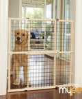 Dog behind Expandable Wire Mesh Dog Gate For Doors And Hallways Pressure Mounted No Tools Needed 29.5 To 40 Inch Wide And 37 Inch Tall Durable American Hardwood Pet Gate With Vinyl Coated Mesh For Safe Home Boundaries