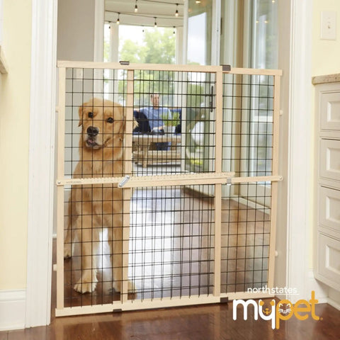 Dog behind Expandable Wire Mesh Dog Gate For Doors And Hallways Pressure Mounted No Tools Needed 29.5 To 40 Inch Wide And 37 Inch Tall Durable American Hardwood Pet Gate With Vinyl Coated Mesh For Safe Home Boundaries